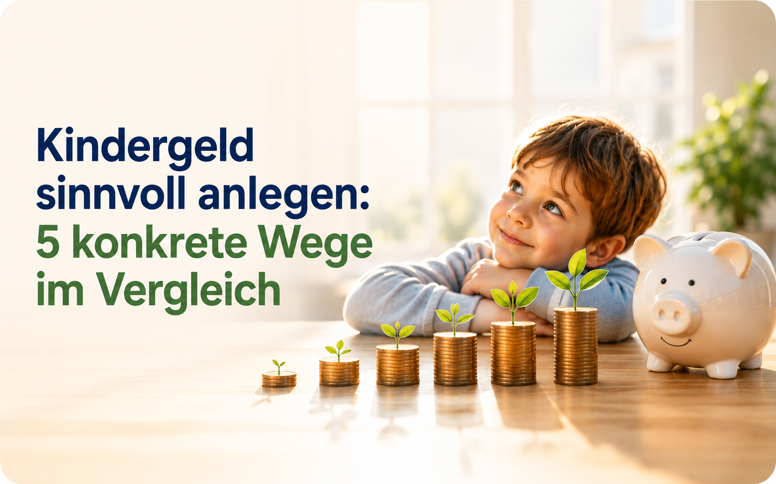 Kindergeld sinnvoll anlegen: 5 konkrete Wege im Vergleich, Kind blickt auf wachsende Münzstapel und Sparschwein