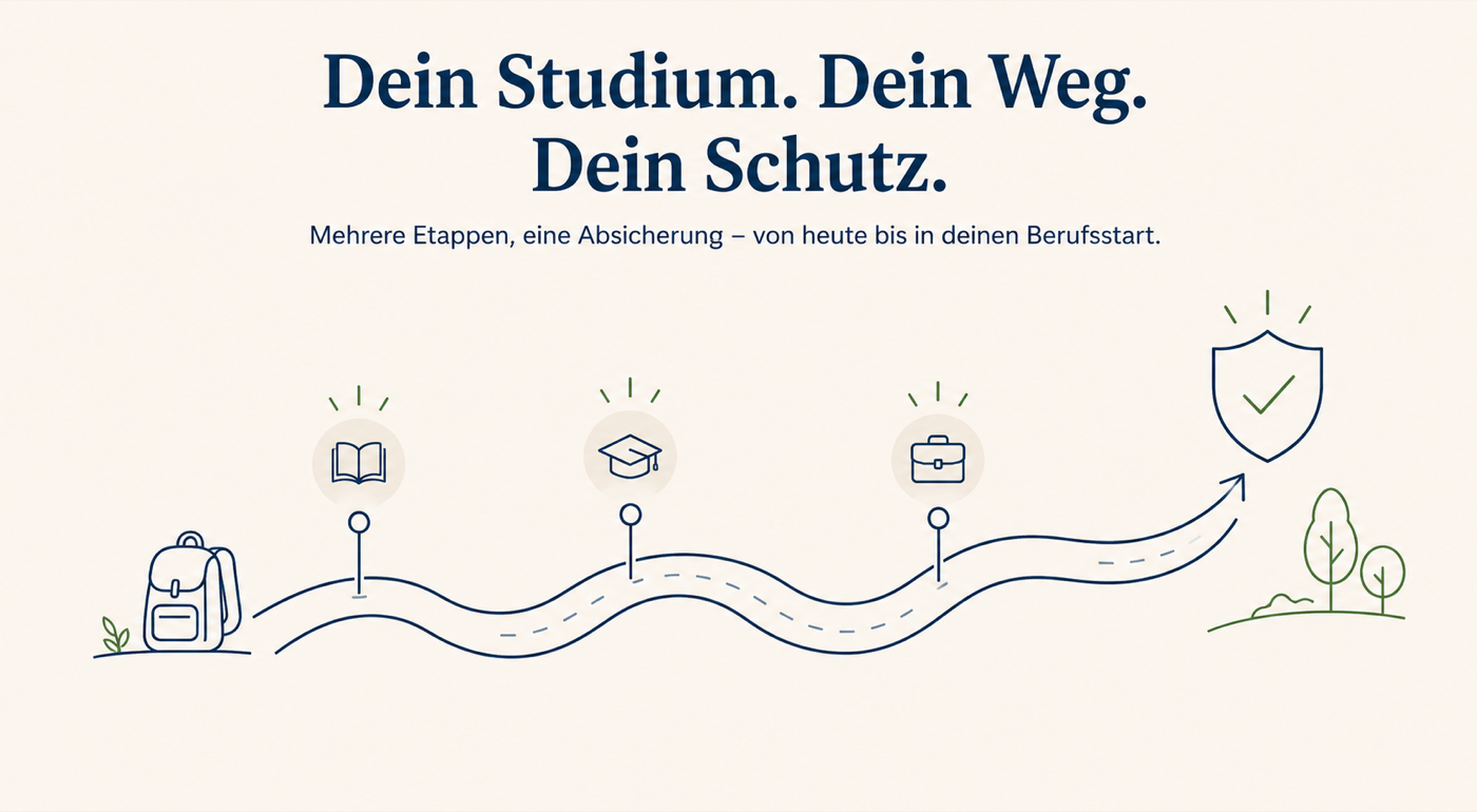 Grafik: Dein Studium. Dein Weg. Dein Schutz. Mehrere Etappen, eine Absicherung, von heute bis in deinen Berufsstart
